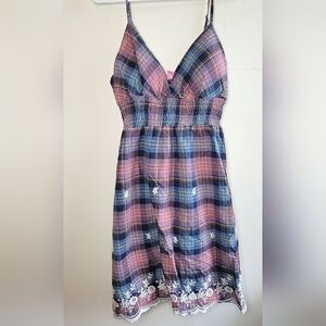 Vintage She's Cool 100% Cotton Plaid Floral Embroidered Spaghetti Strap Dress, L